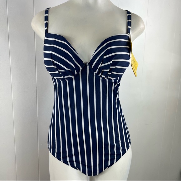 VINTAGE WONDERBRA 90s Navy & White Stripes One Piece Swim Suit Size 10 NWT - Picture 3 of 16